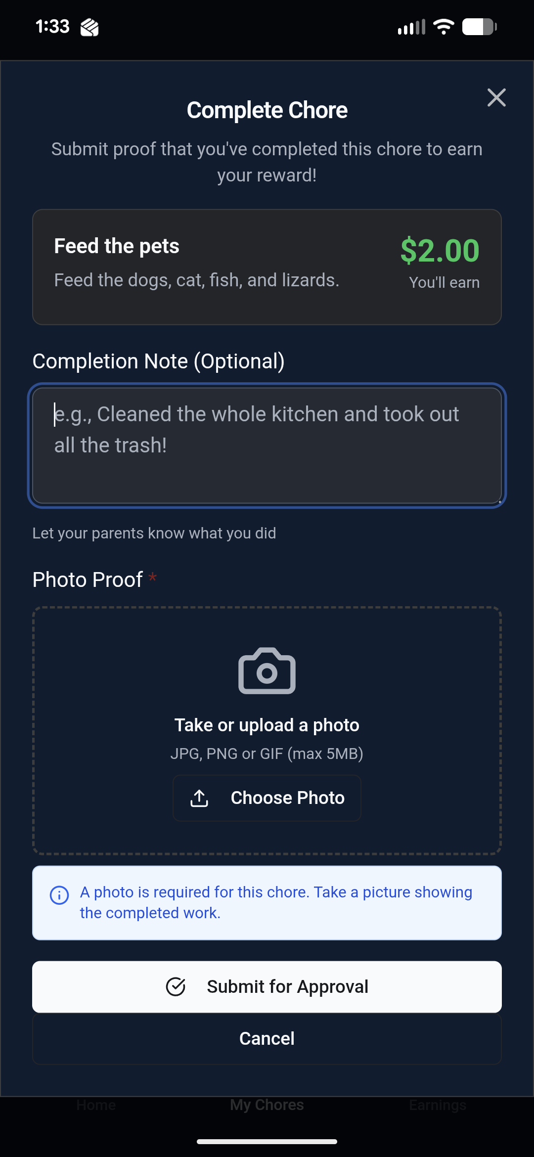 Child submitting chore with photo proof
